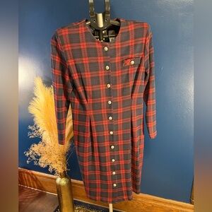 Elegant Red and Black Plaid Long Sleeve Dress